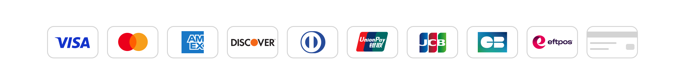 Cartes bancaires acceptées: Visa, Mastercard, American Express, Discover, Diners Club, UnionPay, JCB, CB, eftpos